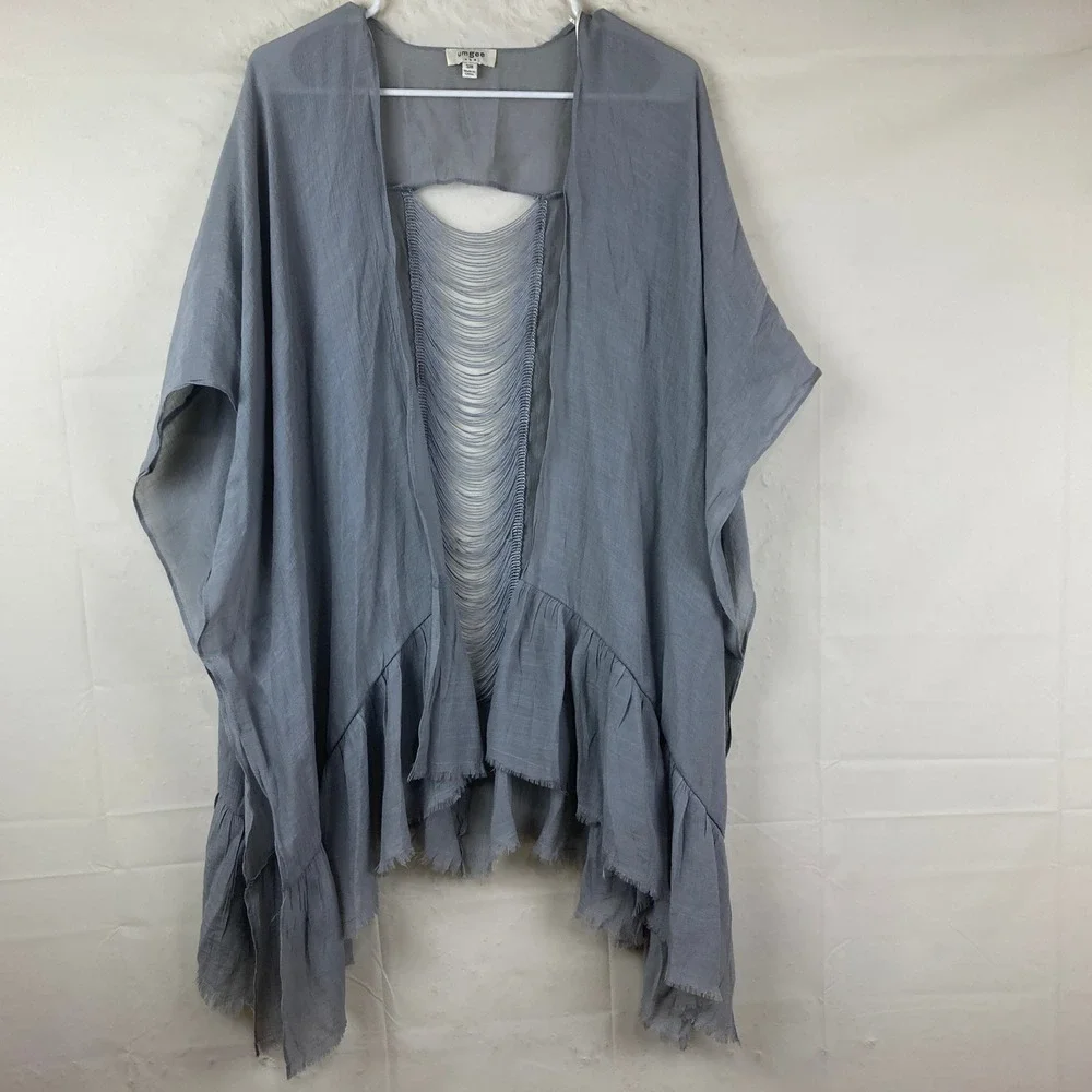 Umgee Kimono Wrap Womens S/M Blue Gray Fringe Back Ruffle Boho Festival Beach - Picture 2 of 7